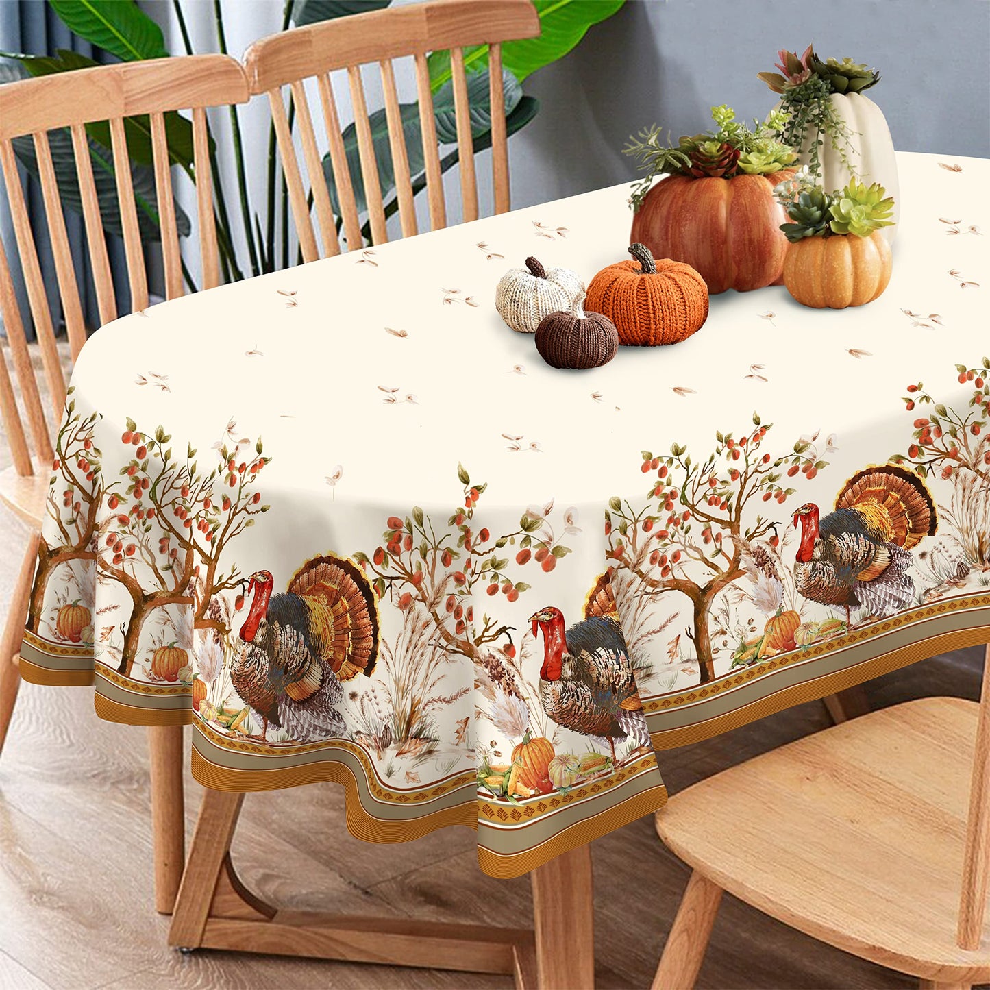 Virtumob Fall Thanksgiving Double Border Decoration Tablecloth, Turkey & Pumpkin Harvest Tablecloths, Waterproof Table Cover for Dinner Kitchen Party Holiday Decorations Oval 60 x 84 Inch