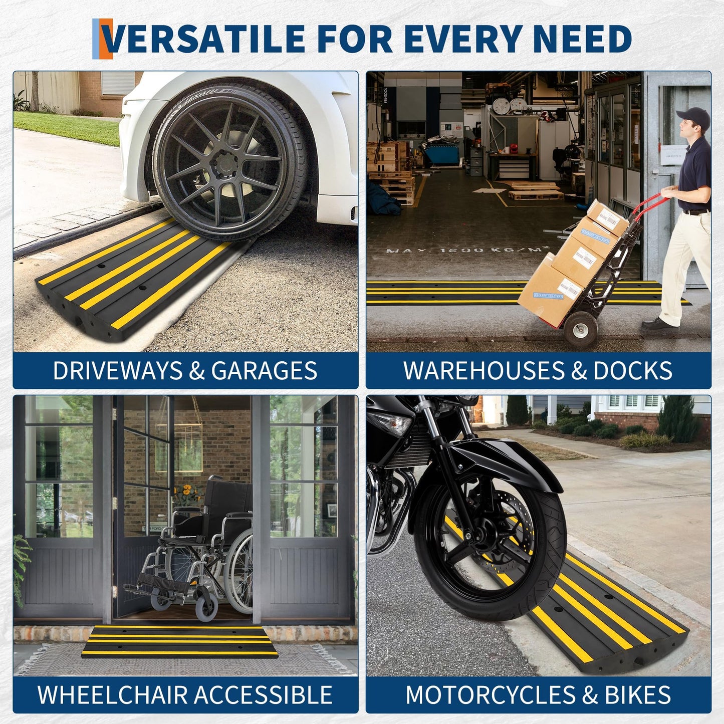 GarveeTech Rubber Driveway Ramps Set of 2, 48" Heavy Duty Accessibility Ramps with Drainage Grooves & Reflective Strips for Cars, Wheelchairs, Forklifts All Weather Use