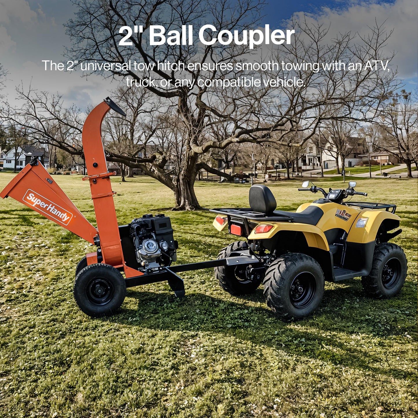 SuperHandy Towable Wood Chipper – 4 in. Chipping Capacity, 15HP Gas Engine, 13 in. Wheels, Electric Start, Trailer-Ready with 2 in. Coupler