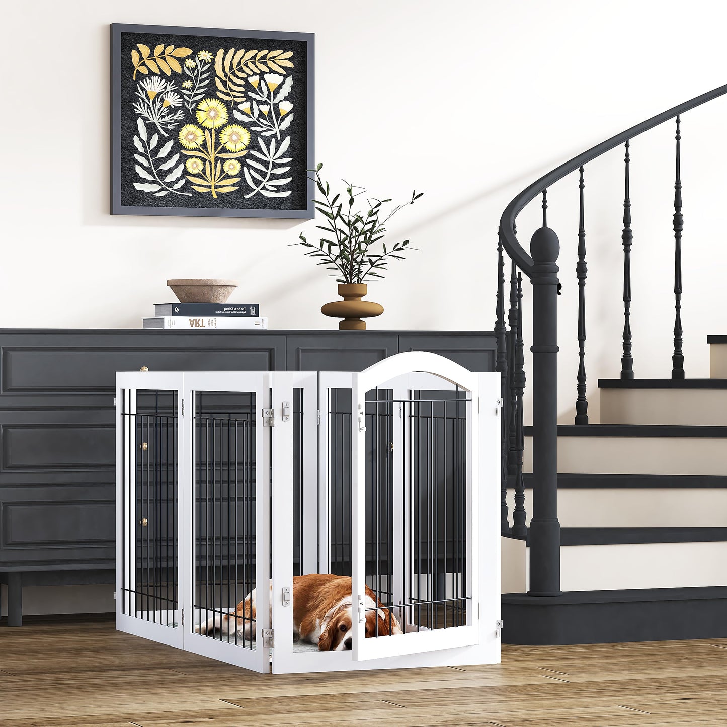 PAWLAND 144-inch Extra Wide 30-inches Tall Dog gate with Door Walk Through, Freestanding Wire Pet Gate for The House, Doorway, Stairs, Pet Puppy Safety Fence, Support Feet Included, White,6 Panels