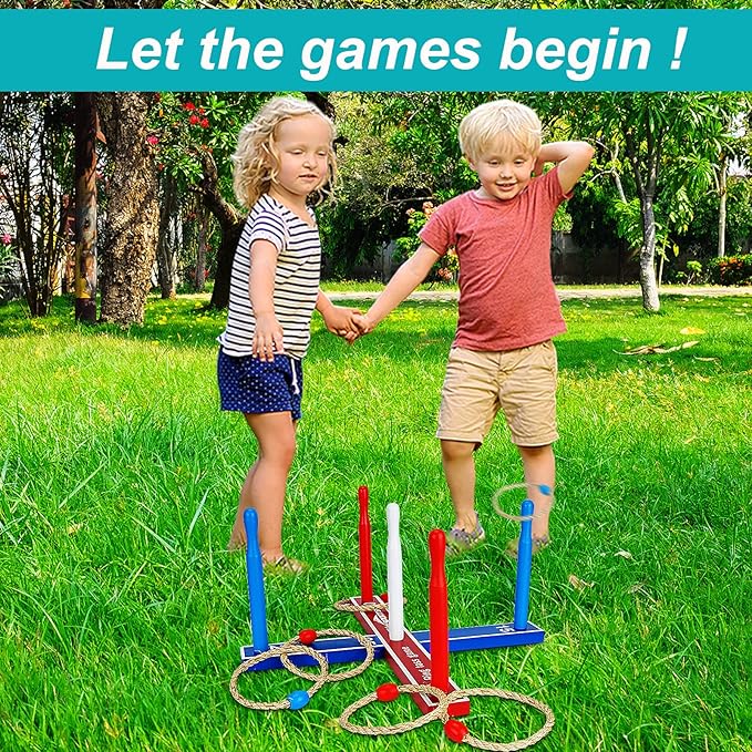 Wooden Ring Toss Game Set Includes Wood Base for Kids, Indoor & Outdoor Game for Family and Adults