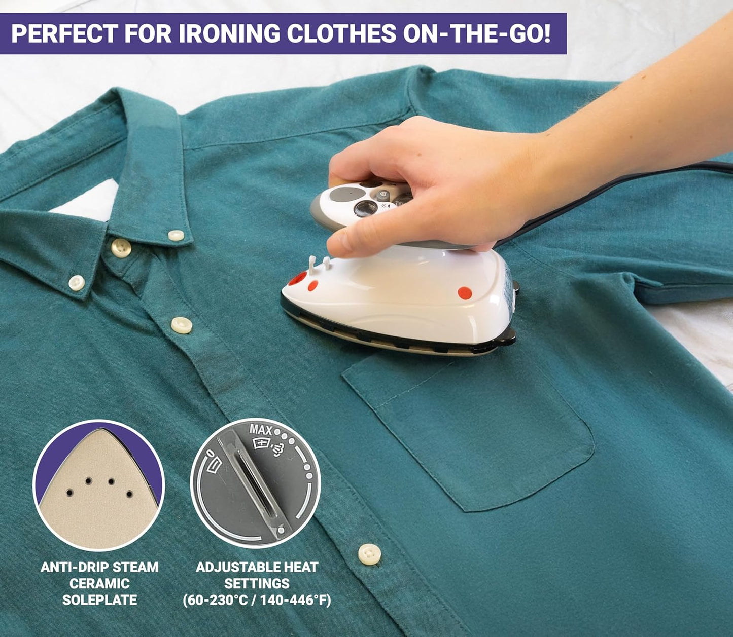 Quilted Bear Mini Steam Iron - Lightweight Travel Iron for Wrinkle-Free Clothes & Quilting - Black Hard Shell Case