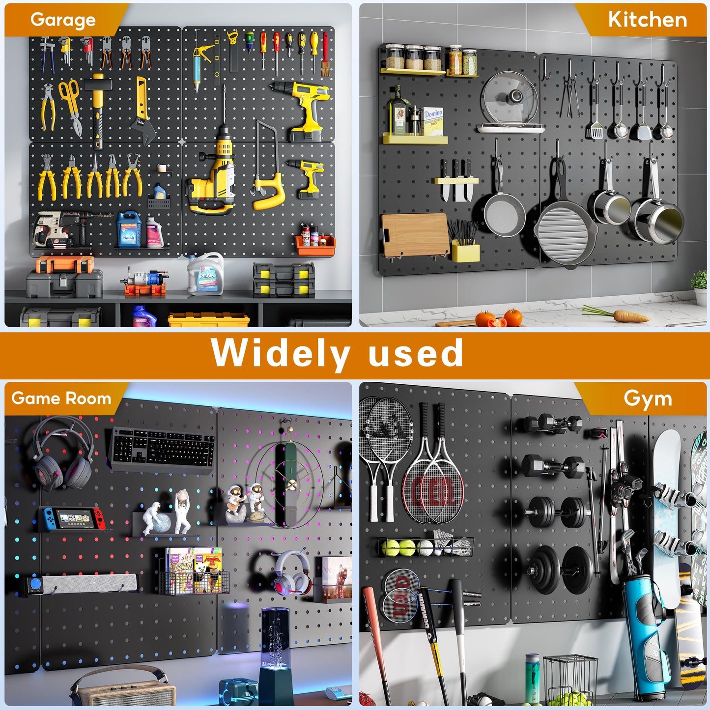 Hogurity Peg Board, 110pcs Metal Pegboard Kit, Includes 4 Pack Black Peg Board Panels with Accessories and Hook Locks, Large Heavy Duty Peg Boards for Walls Home, Garage Tool Storage, Workbench