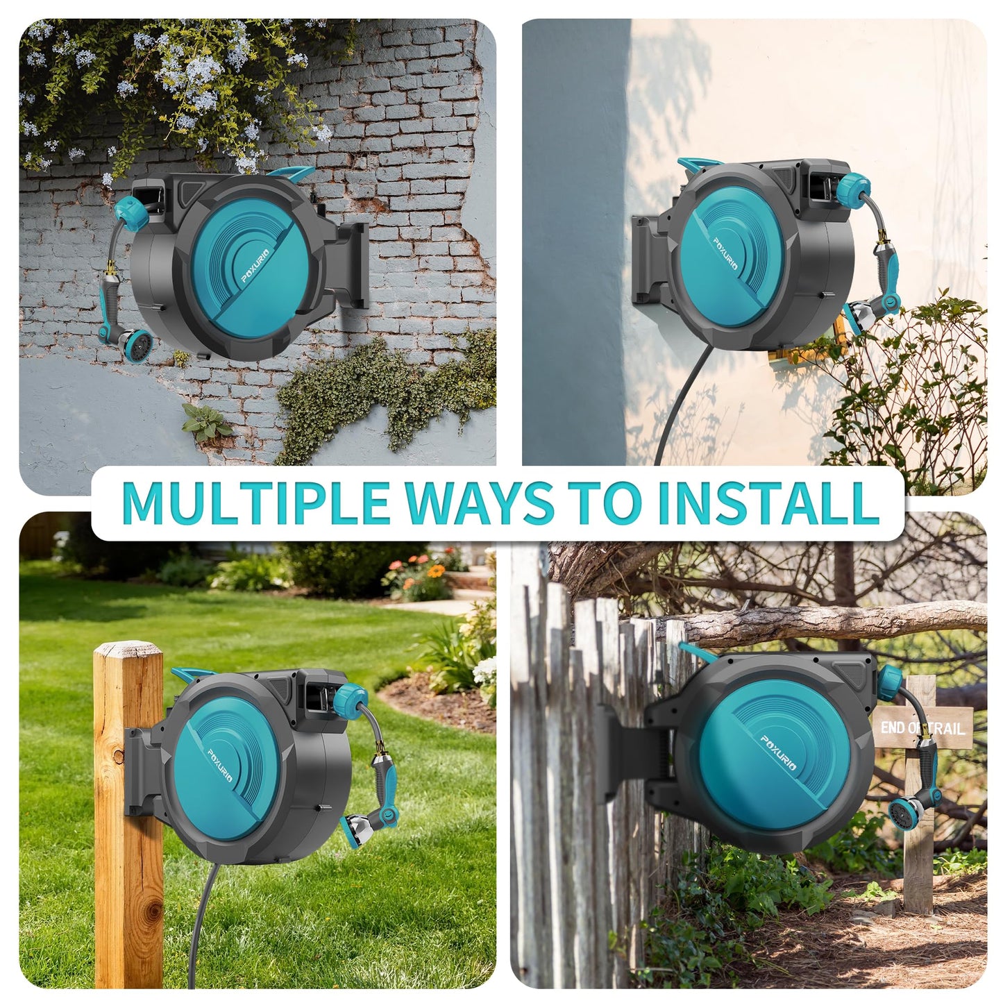 POXURIO 1/2" 110FT Retractable Garden Hose Reel, Wall Mounted Automatic Hose Reel with Upgraded 10 Pattern Nozzle/Any Length Lock/Slow Return System/180°Swivel Bracket, AquaBlue