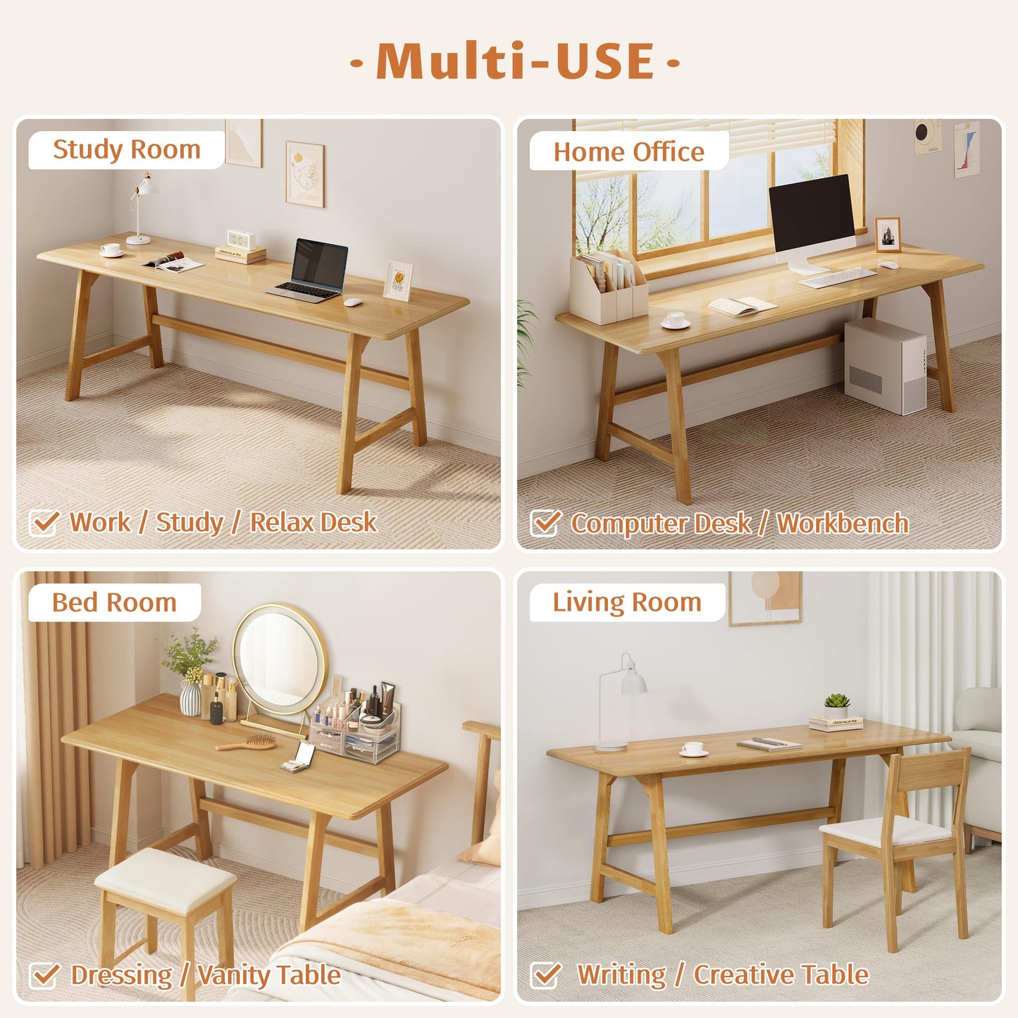 IOTXY Solid Wood Writing Table - 72" W x 24" D Minimalist Long Computer Desk for Home Office, Work, Study, Creativity, and PC Workstation, Oak