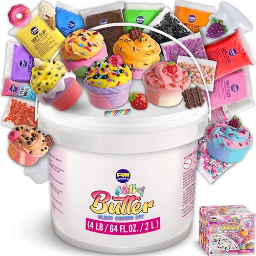 FunKidz Milky Butter Slime Bucket - 64 FL OZ Soft White Scented Slime Kit with 29 Add-Ins | Perfect Gift for Kids 6+