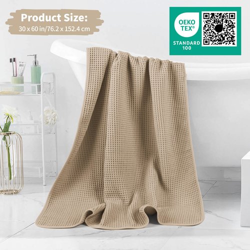 MICROFI New Microfiber Waffle Bath Towels, 2 Pieces, Oversized, Soft, Absorbent, Fast Drying, Lint Free 430 GSM (Beige)