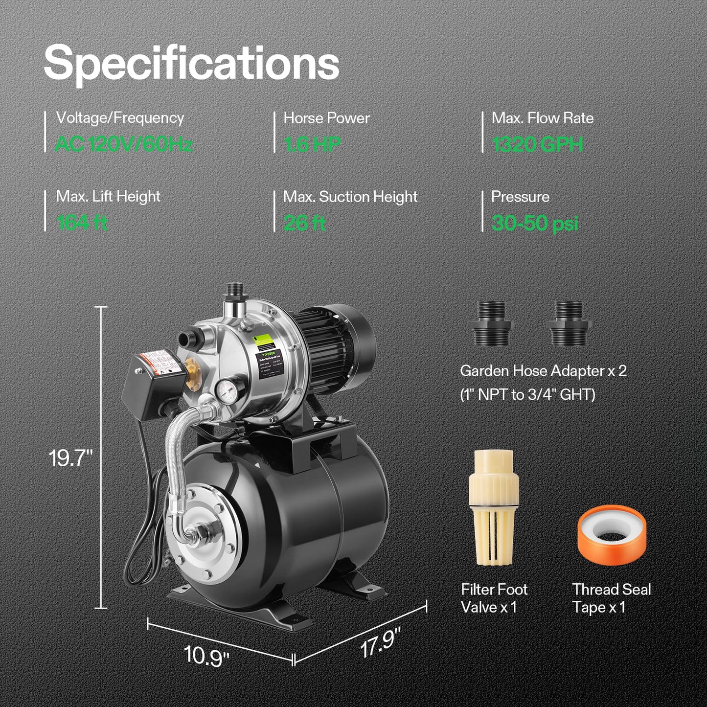VIVOSUN 1.6 HP Shallow Well Pump with Pressure Tank, NSF Certified, 1320 GPH, Stainless Steel, Automatic Water Booster Jet Pump with Two Adapters for Home, Garden, Lawn
