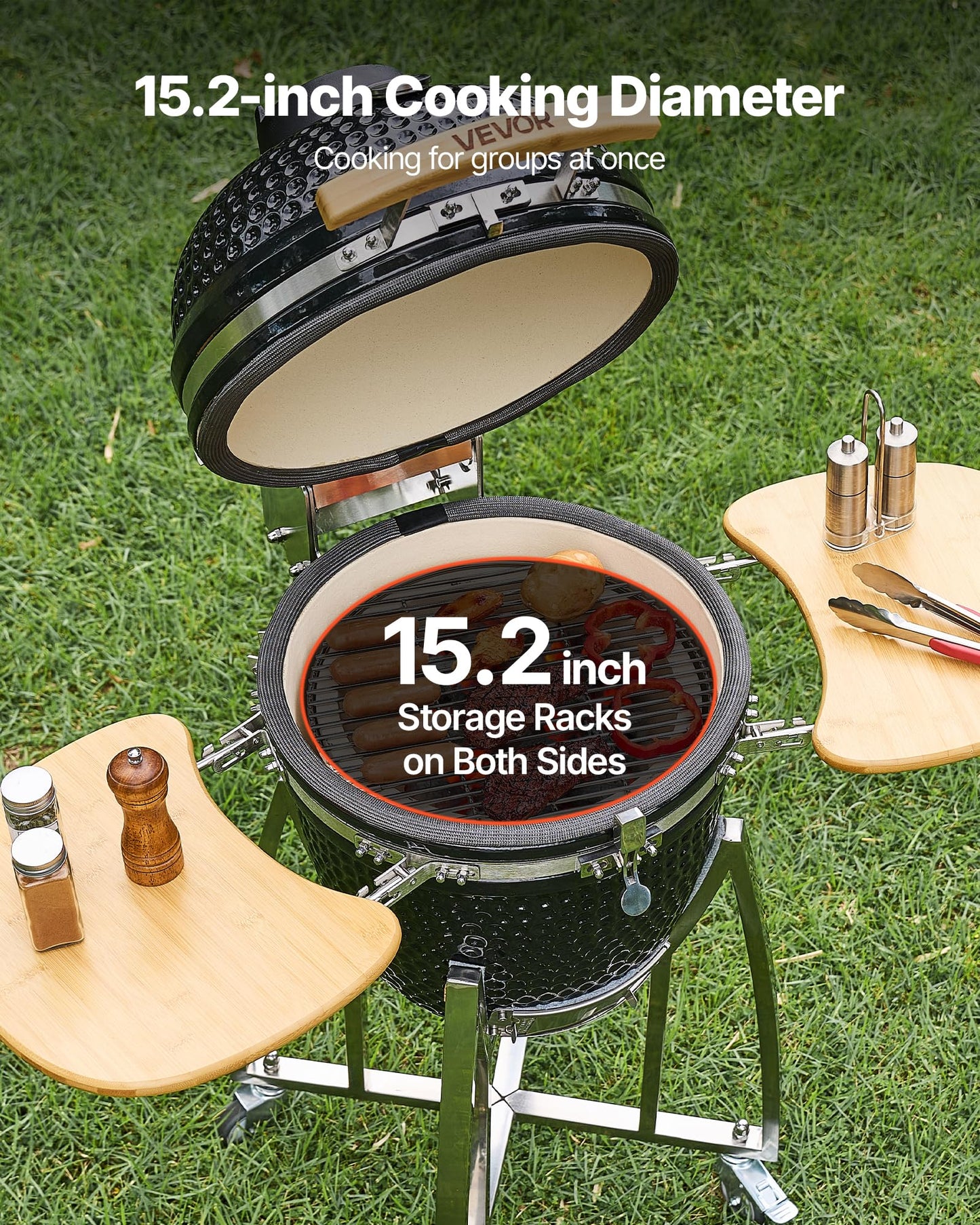 VEVOR Charcoal Smoker and Grill, 18" Kamado Charcoal BBQ Smoker, Movable Ceramic Barbecue Grill with 4 Wheels (2 Lockable), Built-in Thermometer, Air Vents & Side Shelf for Outdoor Patio Yard Cooking