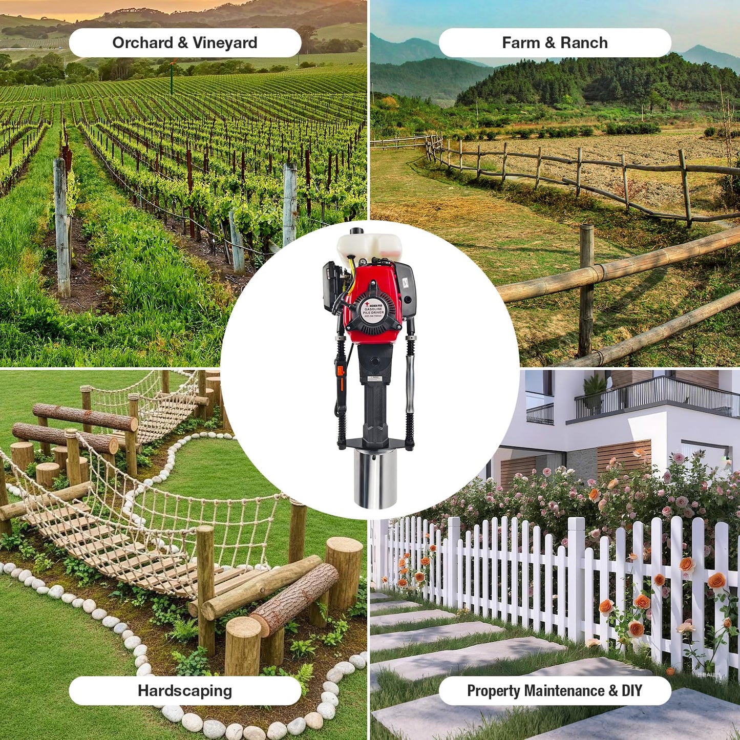JKCHENPRO 55cc 4-Stroke Gas Powered T Post Driver - Heavy Duty Hammer Drill Pile Driver for Fencing with 150mm Driving Head for Farm, Ranch & Landscaping