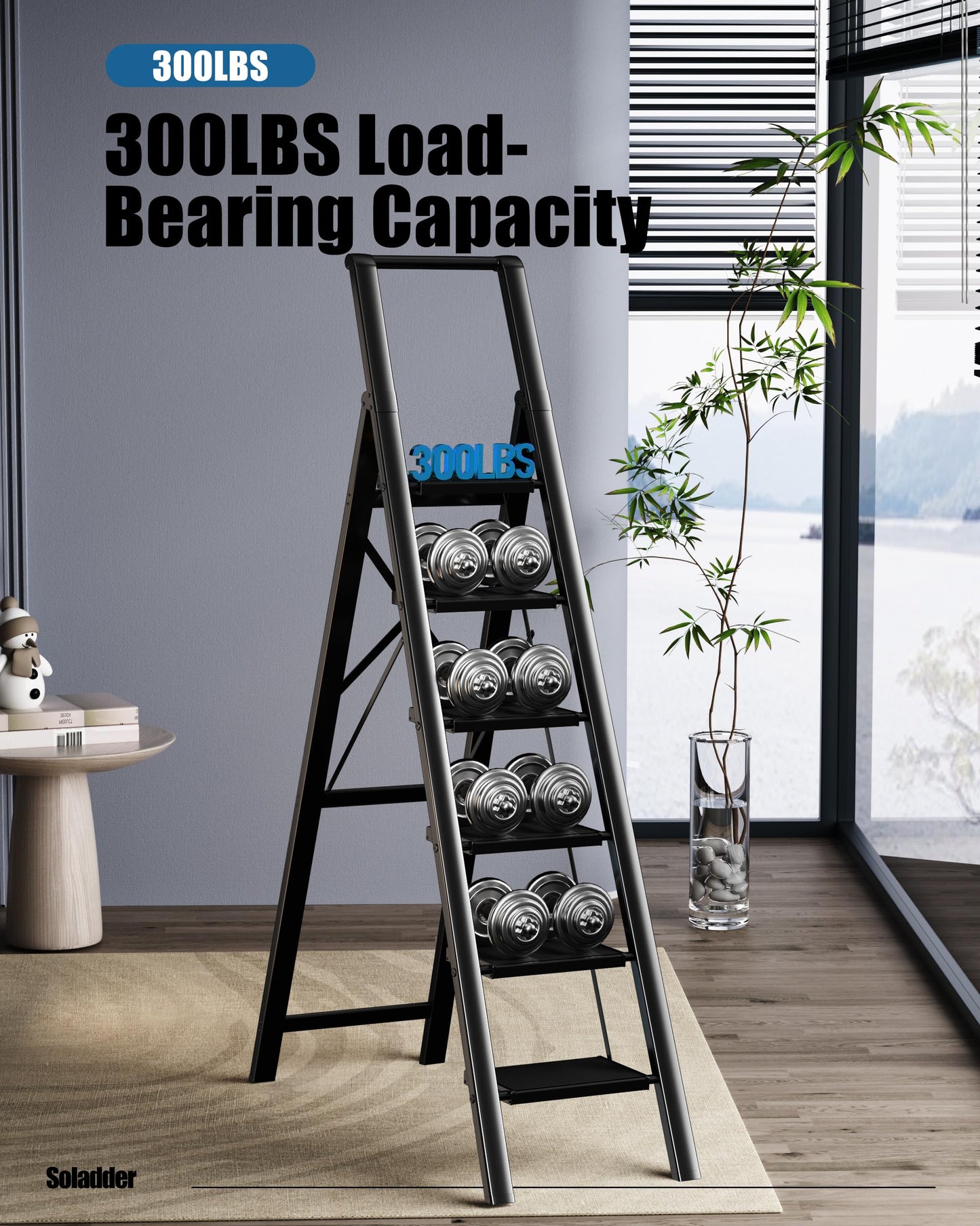 SOLADDER 6 Step Ladder for 12 Feet High Ceiling, Folding Step Stool with Handgrip & Anti-Slip Wide Pedal, Portable Lightweight Aluminum Stepladder for Kitchen, Home (300 lbs Capacity) - Black