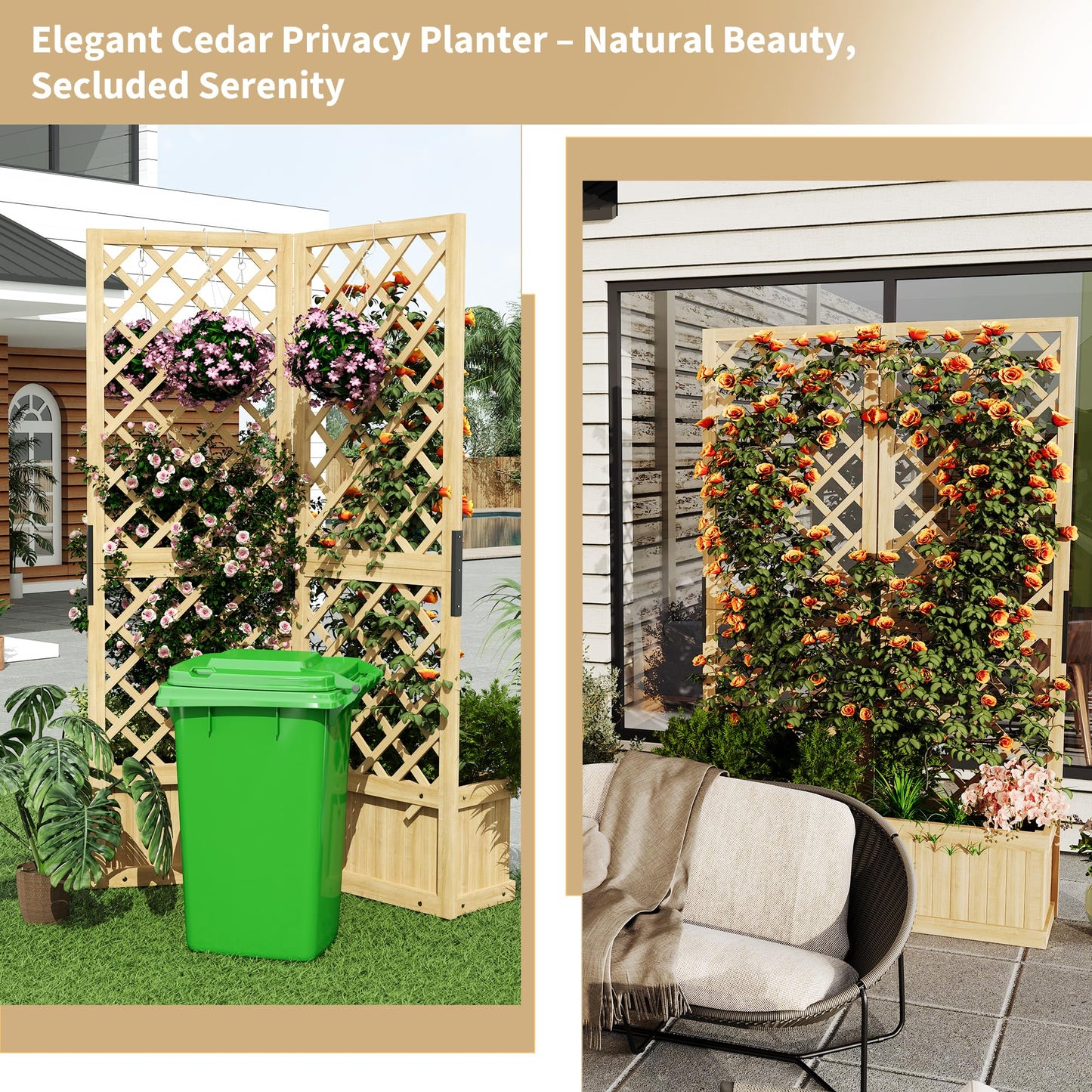 Cedar Privacy Screen with Planter Box - 2-Panel Freestanding Garden Fence, 41 in x10 in x65 in Tall Outdoor Divider with Drain Holes & Raised Bed for Patio, Deck & Backyard (Natural Wood)
