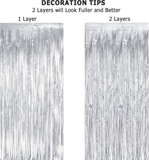 GREATRIL Silver Streamers Metallic Party Backdrop - Foil Fringe Tinsel Curtain for Events | 8.2ft x 3.2ft - Pack of 2