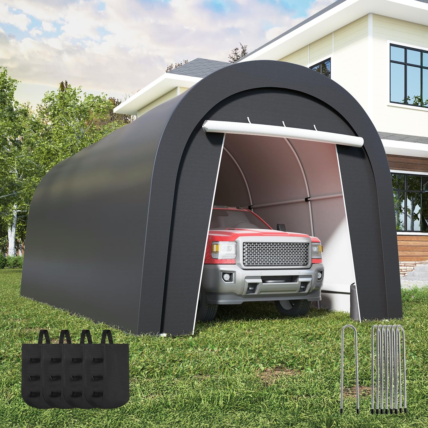 FansaFurn Heavy Duty Carport with 4 Cloth Bags, All-Weather Car Canopy with 2 Roll-up Doors, Portable Garage Storage Shelter Shed for Cars, Truck, or Garden Tools, 10' x 20'