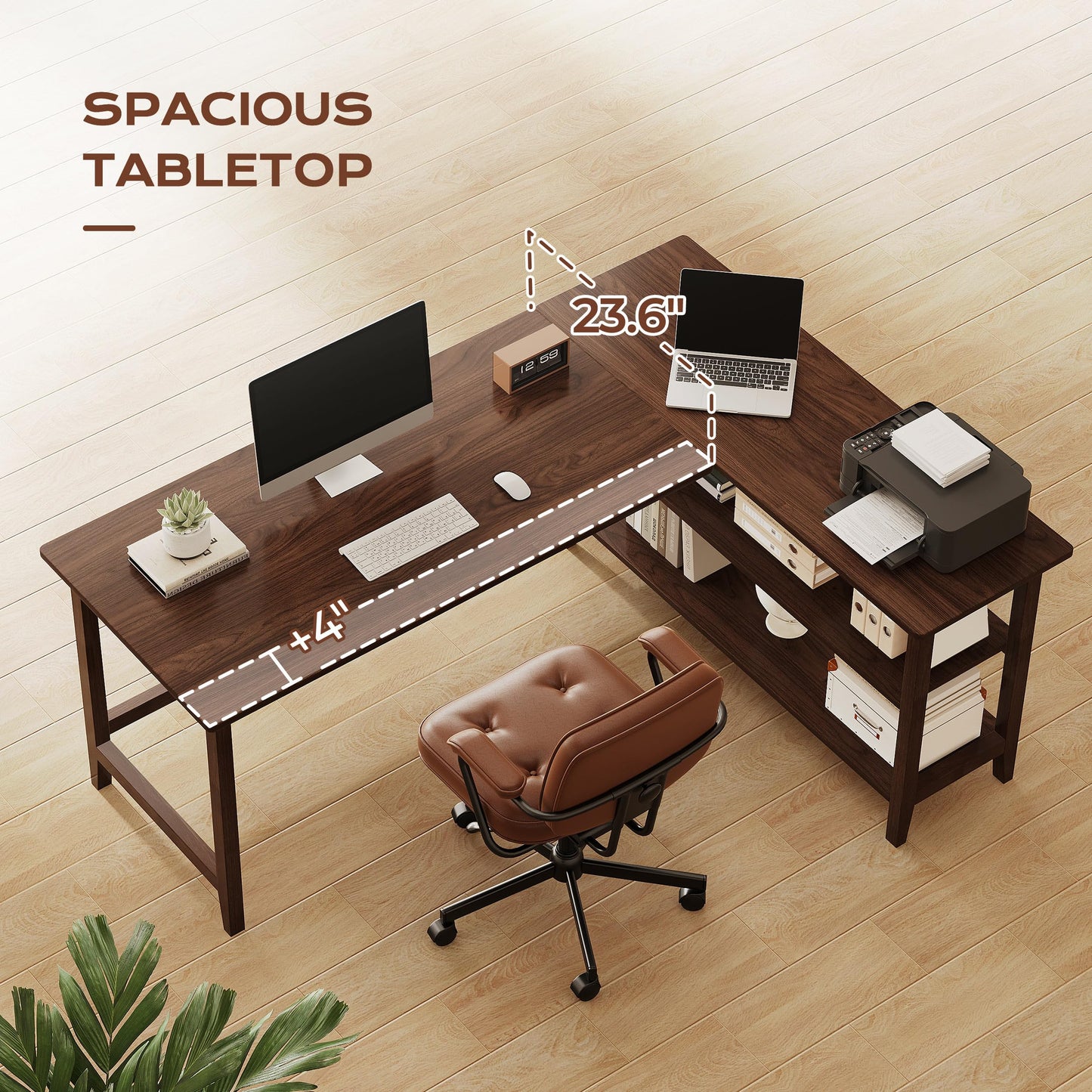 IOTXY Reversible L-Shaped Office Desk - 63" Extra Large Corner Computer Table with Storage Shelves, Solid Wood Legs, Home Writing & Study Workstation, Walnut