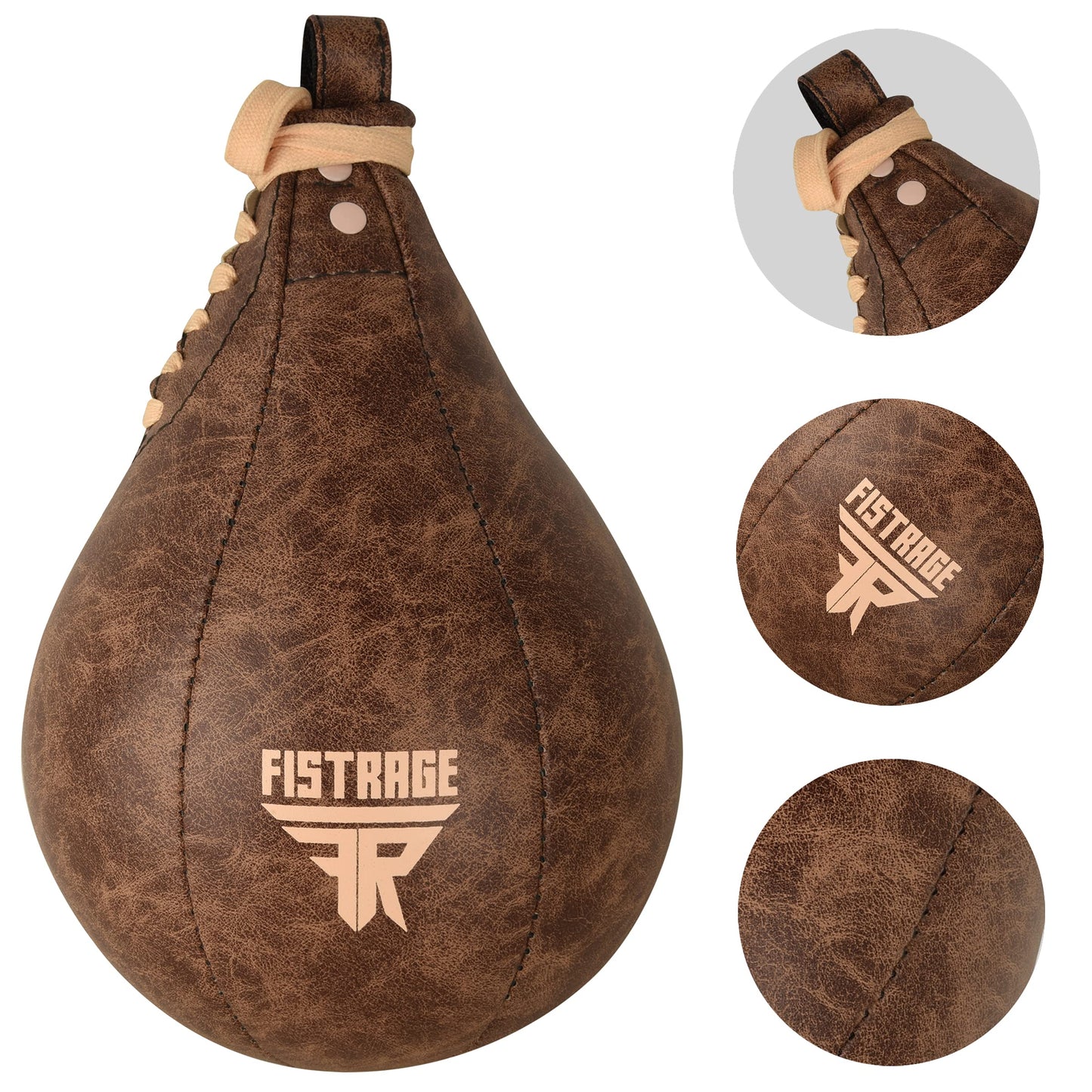 FISTRAGE Speed Bag Boxing Ball Leather MMA Muay Thai Training Punching Dodge Striking Kit with Free Hanging Swivel Workout Speedball Kicking Platform Equipment (Vintage Beige)