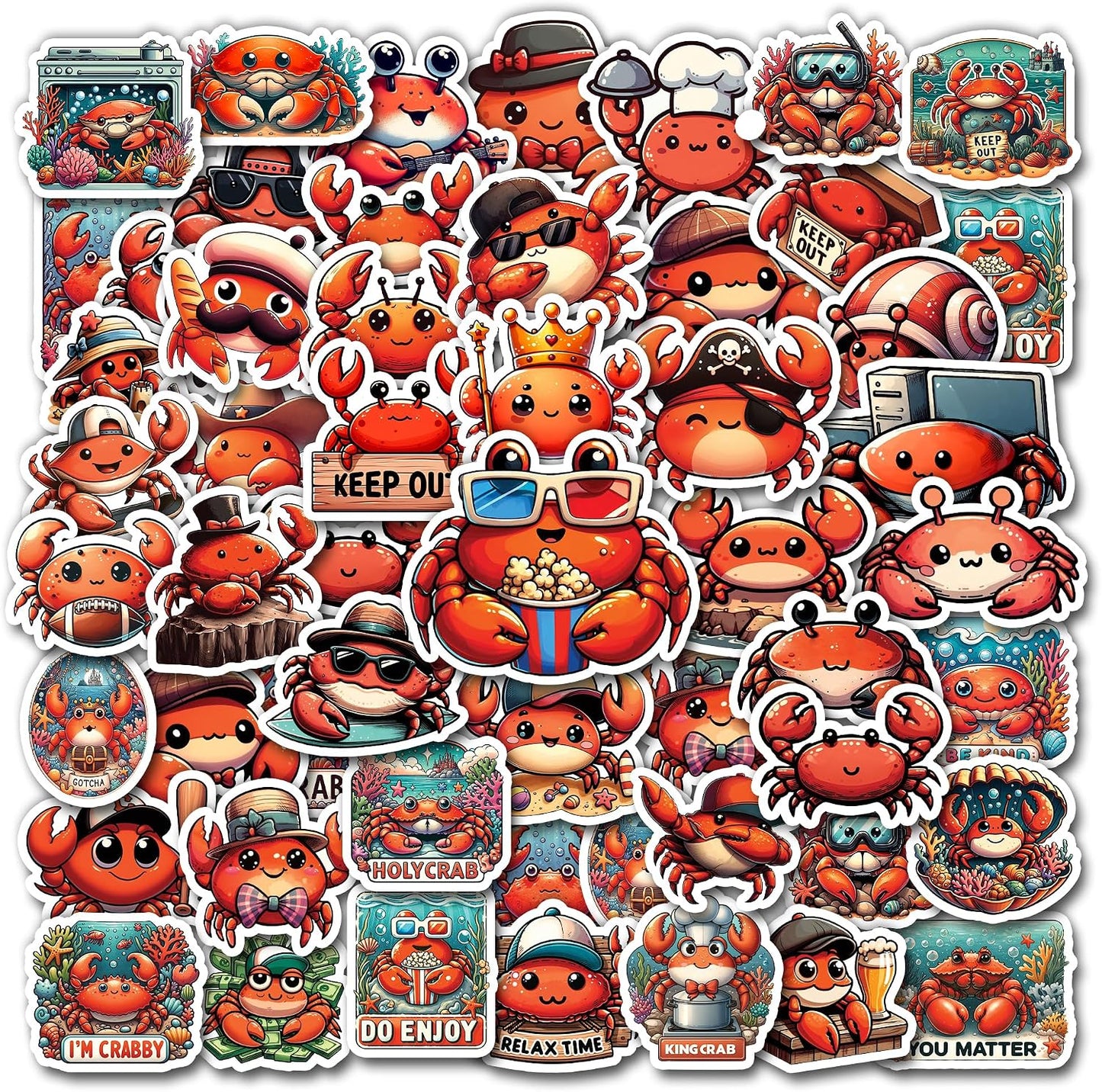 BIGZORO Pack 50 PCS Crab Stickers Print Sea Ocean Animal Waterproof Vinyl Decals Cute Items for Men Women Kids Boys