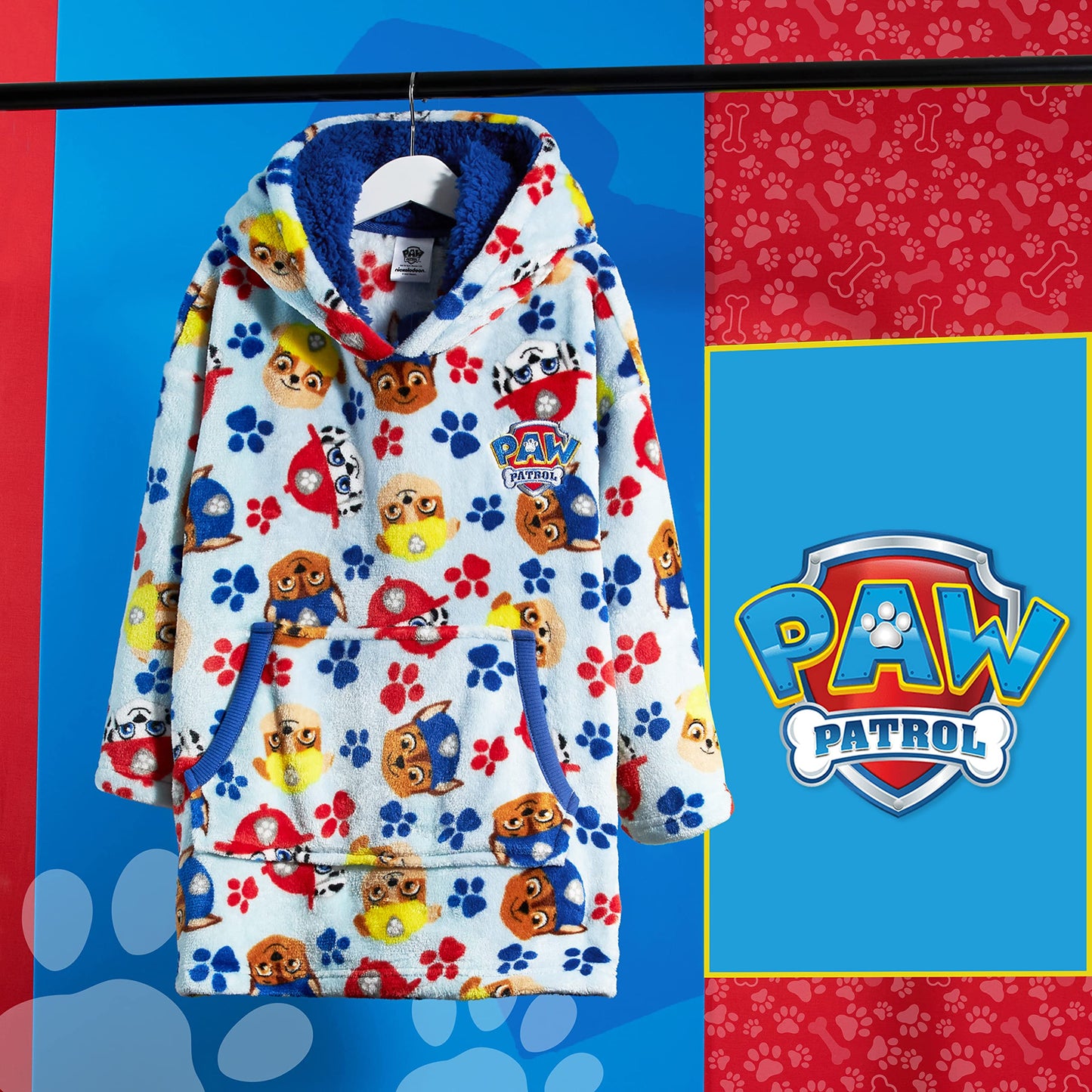 Paw Patrol Blanket Hoodie for Kids Toddlers, Fleece Wearable Blanket with Sherpa Hood, Marshall Rubble Chase Gifts for Kids (Blue, 2-4 Years)