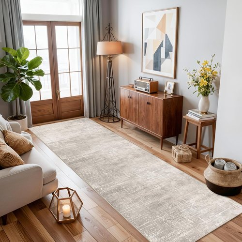 Abstract Kitchen Rug Runners | Washable Non-Slip 10ft Soft Indoor Area Rug - Beige/Cream (2x10)
