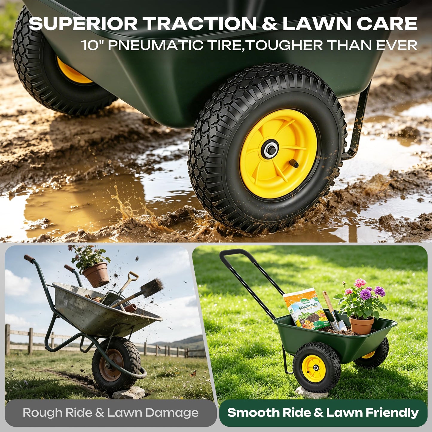 Autodaya 2 Wheel Wheelbarrow, Dual-Wheel Garden Dump Cart with 10" Non-Slip Pneumatic Tires & Ergonomic Padded Handle, Heavy-Duty Home Utility Yard Cart Wagon for Lawn, Farm, Porch, Gardening, Green