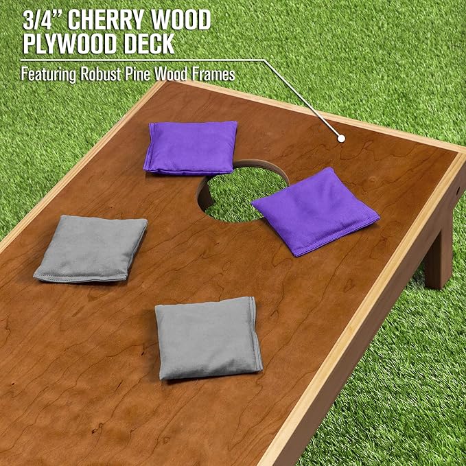 GoSports 4 ft x 2 ft Commercial Grade Cornhole Boards Set - Natural Wood Cornhole Boards, Choose from Different Bean Bag Color Combinations - Purple & Gray