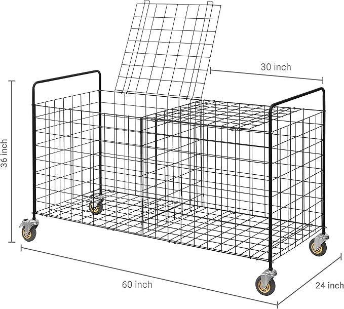 MyGift X-Large Capacity Black Metal Sports Ball and Gym Equipment Storage Rolling Cart with 2 Compartments, Lock Latch and Heavy-Duty Locking Caster Wheels, Garage Ball and Gear Organizer Holder