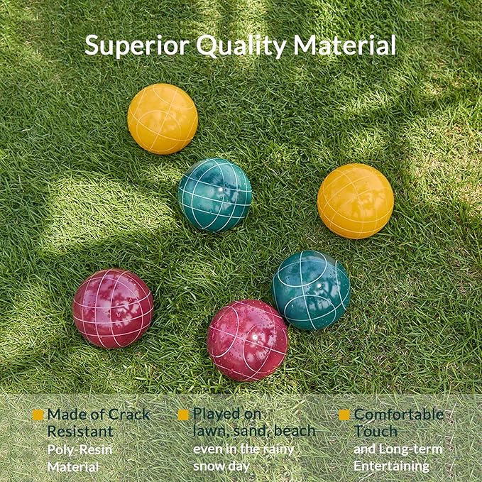 ApudArmis Bocce Balls Set, Regulation Size 100mm Bocce Game for Outdoor/Backyard/Lawn/Beach with 8 PCS 100% Poly-Resin Balls / 1 Pallino/Nylon Carrying Case/Measuring Rope (Red,Blue,Green,Yellow)