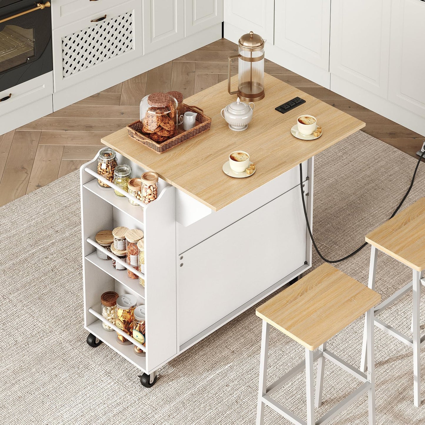 RALGEND Kitchen Island with Power Outlets & Drop Leaf, Rolling Kitchen Cart on Wheels, Kitchen Storage Island with Spice Rack and Drawer, Mobile Island Table for Kitchen, Dinning, White and Natural