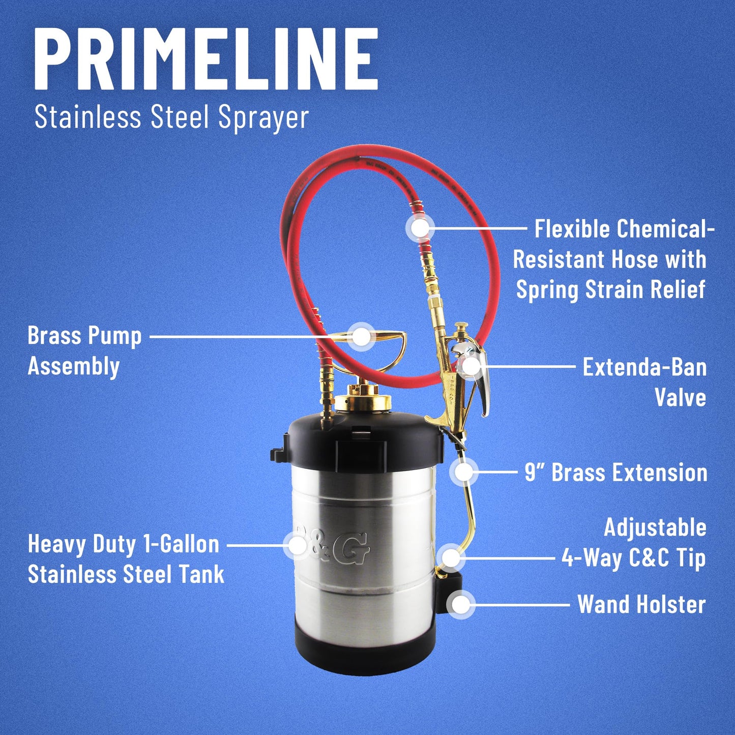 B&G - Primeline 1 Gallon Stainless Sprayer (N124-CC) - Extenda-Ban Valve - 9" Brass Extension - 4-Way Crack & Crevice Tip - Durable, Precise, Field Repairable