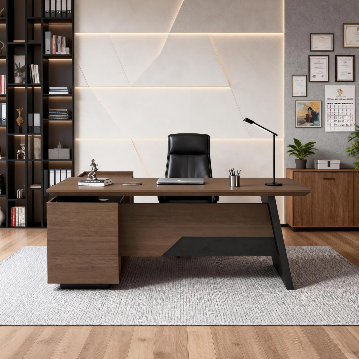 SAINTCY L Shaped Executive Office Desk with Power Hub, Large Office Desk with Storage Cabinet & Printer Station, 35.4" Deep Home Office Desk Workstation, 70.9" or 78.7" Workstation (Right)
