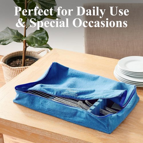 Hagerty Zippered Flatware Storage Drawer Liner –Tarnish Preventative Silverware Organizer, Large Container, Cutlery Holder, and Utensil Keeper Bag, Made in USA, Kosher Certified,Blue, 19" x 12" x 2.5"