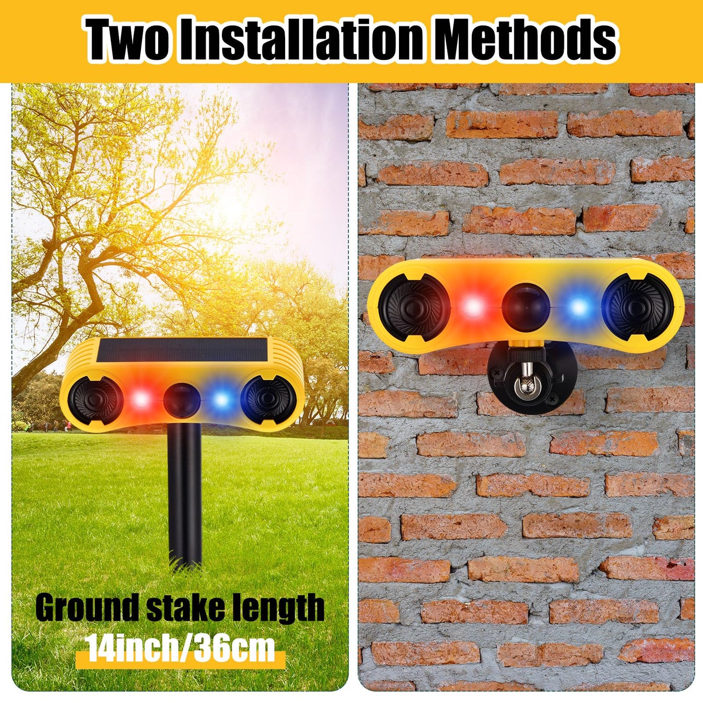 Qualirey 8 Pack Solar Outdoor Motion Sensor Alarm with Stake Animal Deterrent 2 x 129dB Loud Noisemaker 13 Sound Detector Strobe Light, 4 Mode Dog Barking Alarm Sensor on Ground or Fence