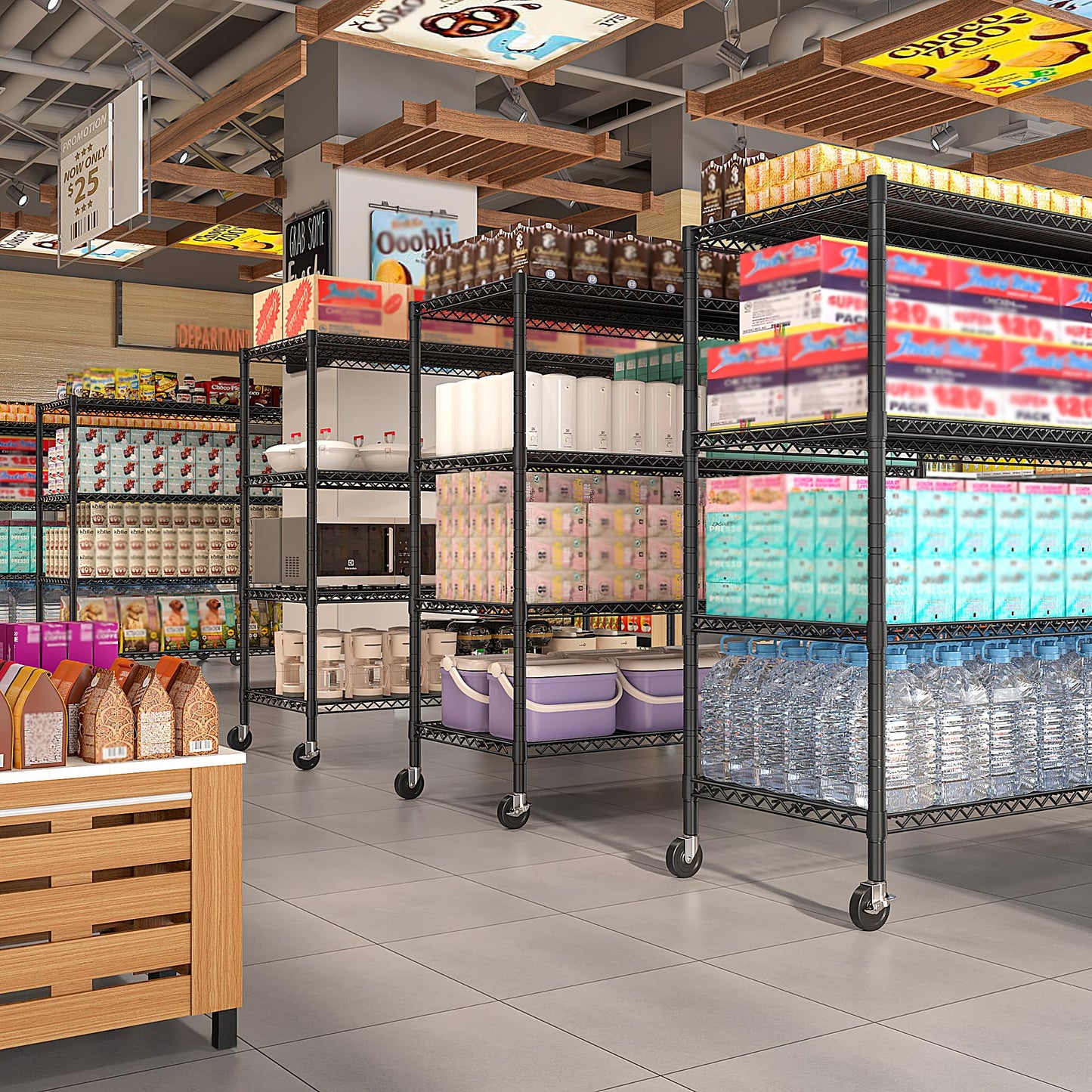REIBII 60''W Storage Shelves 2399LBS Wire Shelving with Wheels Garage Shelving Heavy Duty Metal Shelves for Storage Rack Adjustable Shelf for Commercial Garage Kitchen, 60" W x 18" D x 65.5" H