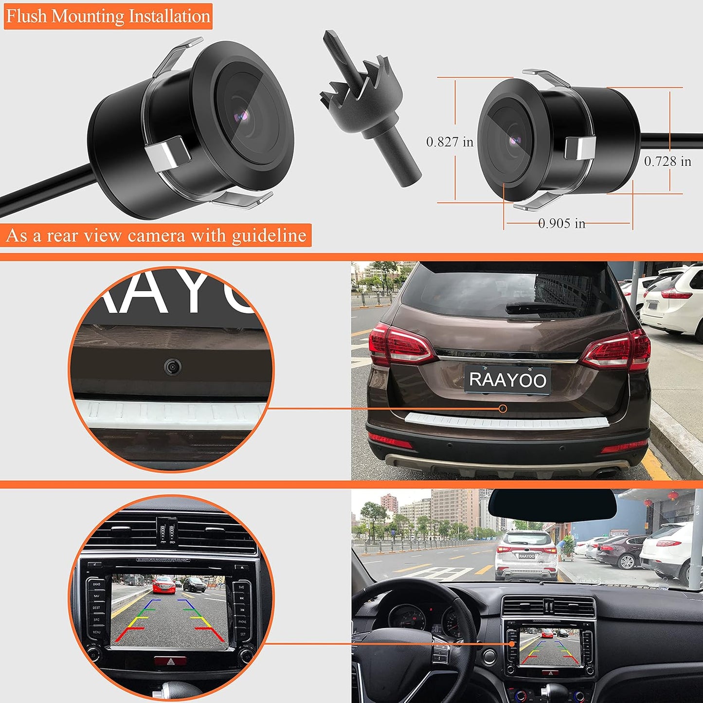 RAAYOO 170Wide IP69 18.5mm, 12V/24V, Backup Camera Flush Mount, Metal Housing View Angle Rear/Side/Front View Camera