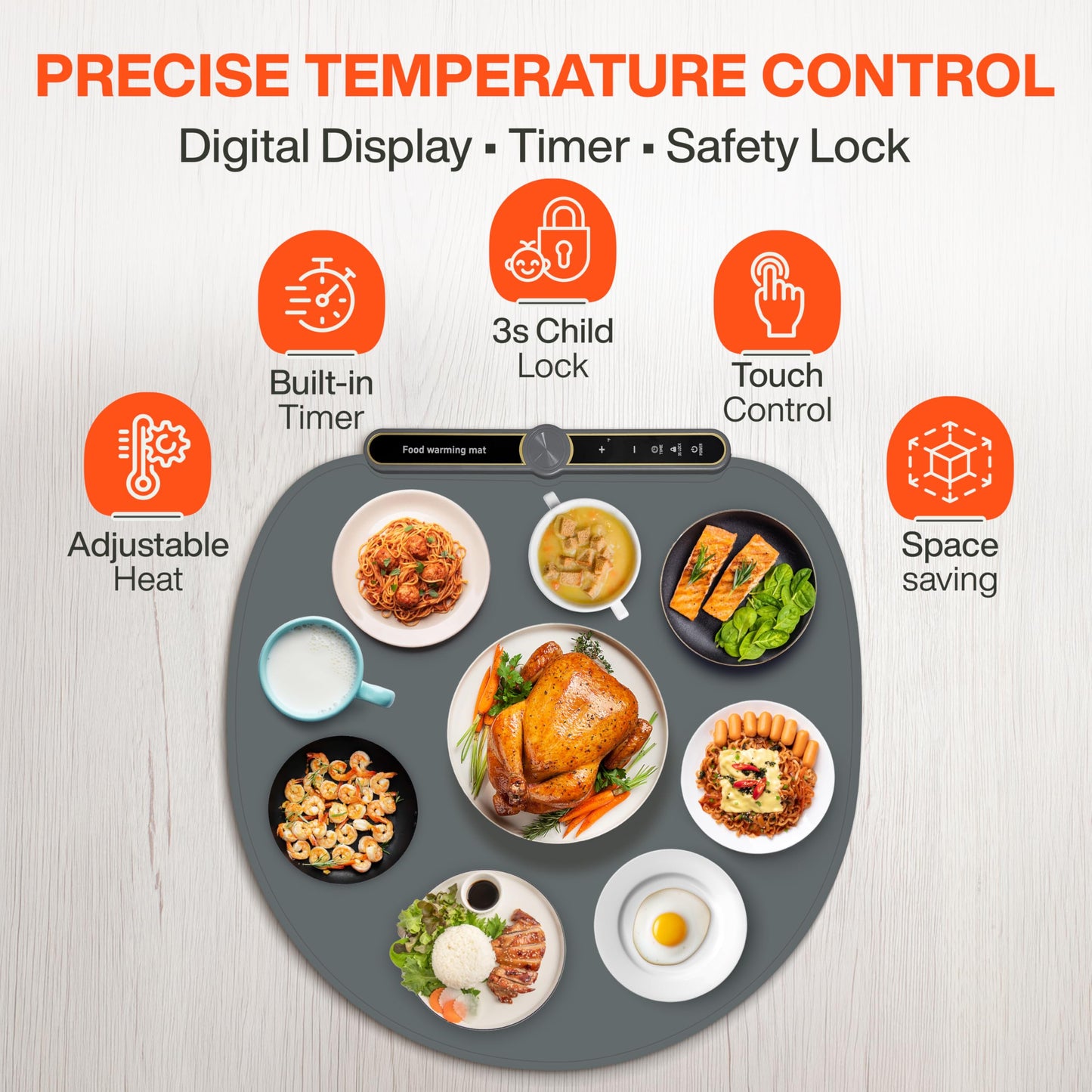 Round Food Warming Mat XXL 27.5''x27.5'' (Gray) - Electric Food Warming Tray with 9 Temp Levels - Silicone Food Warmers for Parties Buffet with Timer, Child Lock & Fast Heating