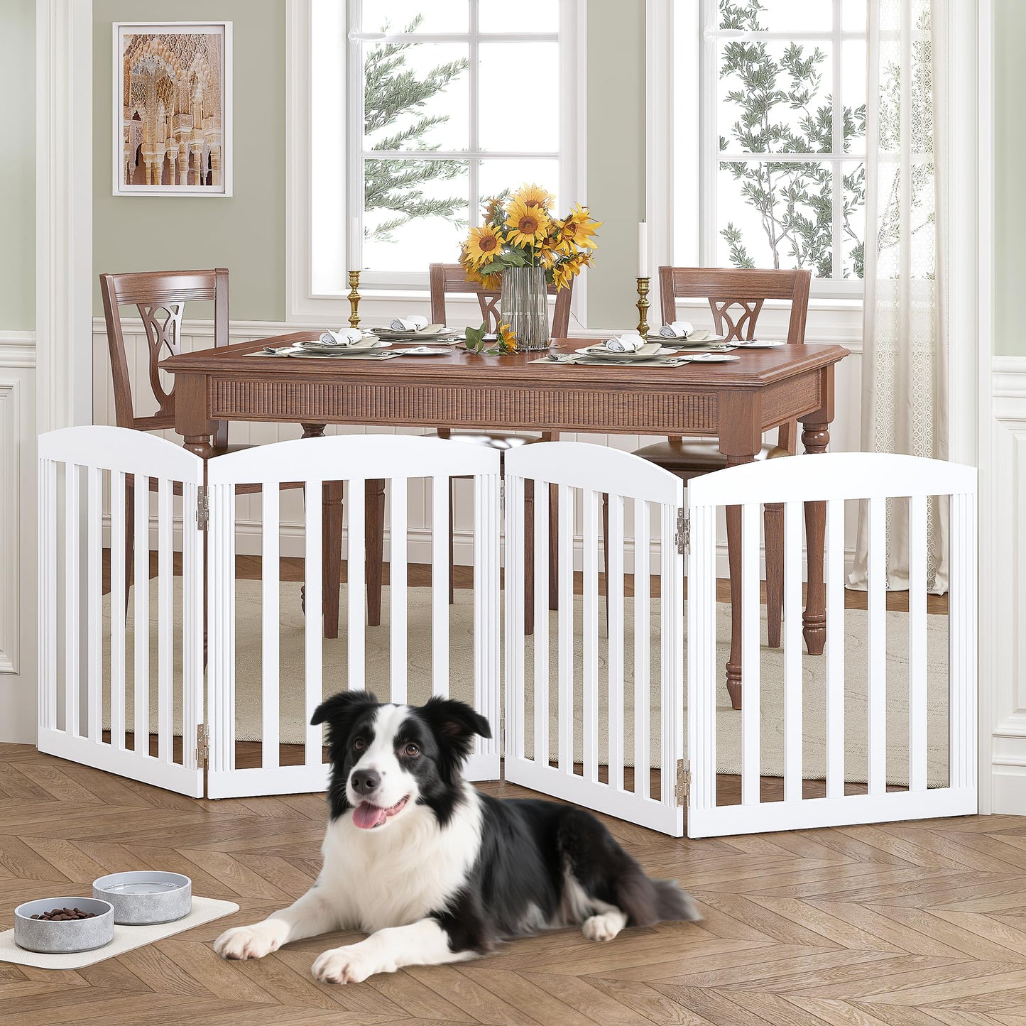 SPIRICH 96" Extra Wide 28" Tall Wooden Freestanding Foldable Dog Gate, Pet Gate Indoor, 4 Panels, White