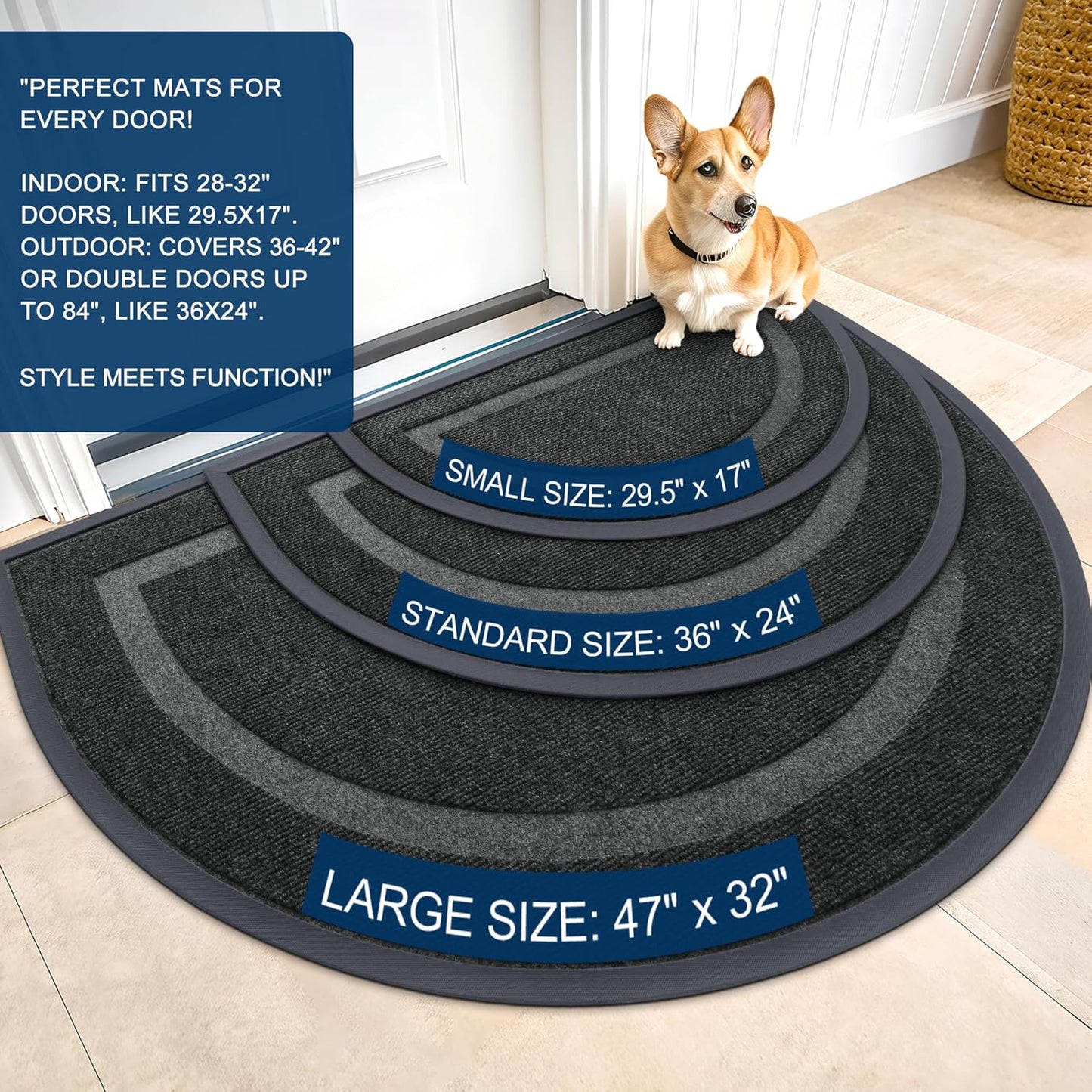 OLANLY Half Circle Door Mat - Waterproof All-Season Welcome Mat | Sturdy Natural Rubber, 29.5x17, Black