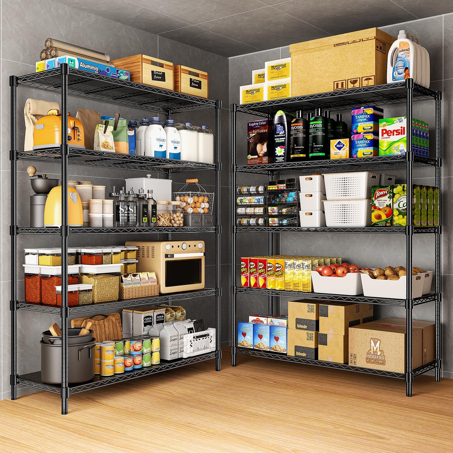 RackBro 48" W Garage Shelving 1875LBS Heavy Duty Wire Shelving Unit, Metal 5-Tier Adjustable Steel Storage Rack with Liners, Storage Tote Rack, 48" W x 18" D x 72" H for Garage Commercial, Black