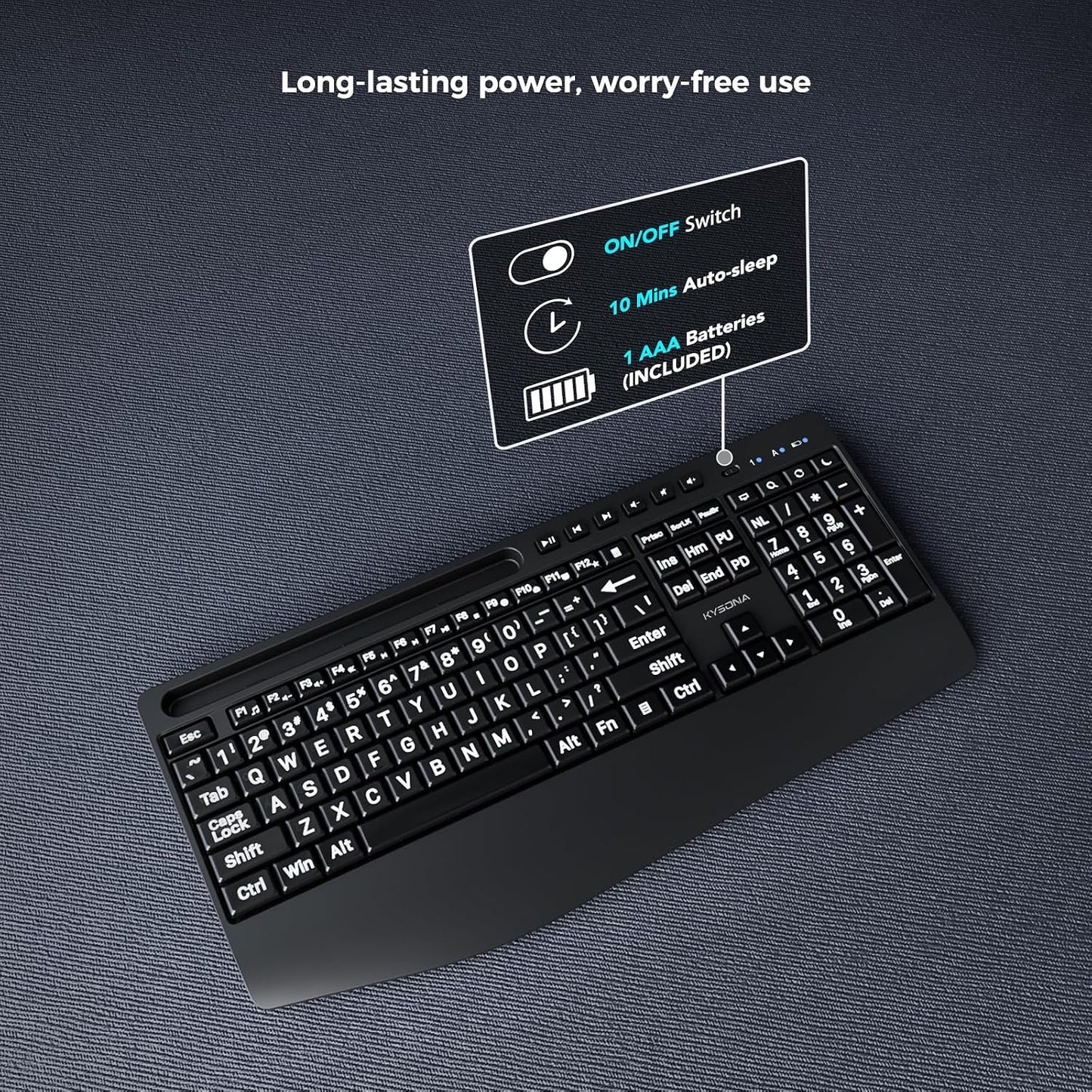 KYSONA 2.4G Large Print Wireless Keyboard, Full Size Cordless Computer Keyboard with Phone Holder, Palm Rest, Ergonomic