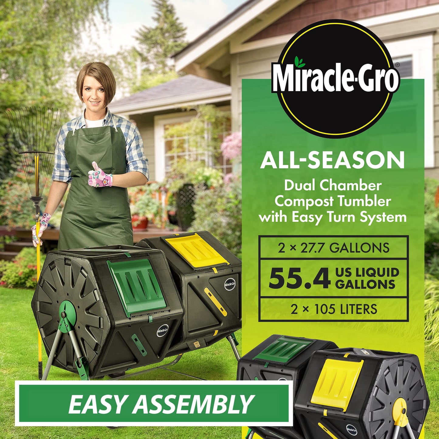 Miracle-Gro Large Dual Chamber Compost Tumbler, 55.4 Gallons – Easy-Turn, Fast-Working System – All-Season, Heavy-Duty, High Volume Composter with 2 Sliding Doors (2 x 27.7 gallons)