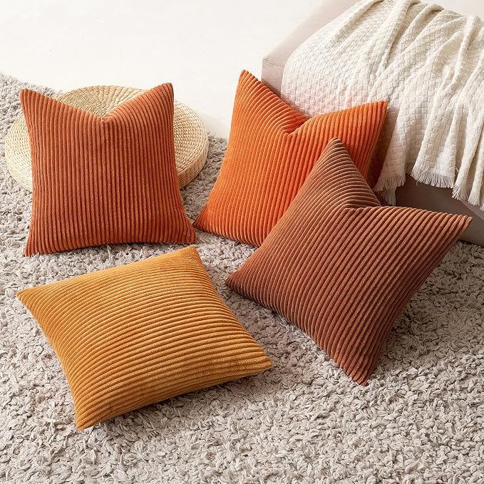 MIULEE Boho Farmhouse Throw Pillow Covers 18x18 Inch Set of 4 Mordern Nordic Cushion Covers Soft Corduroy Home Decor for Couch Bed Sofa Living Room Orange Rust