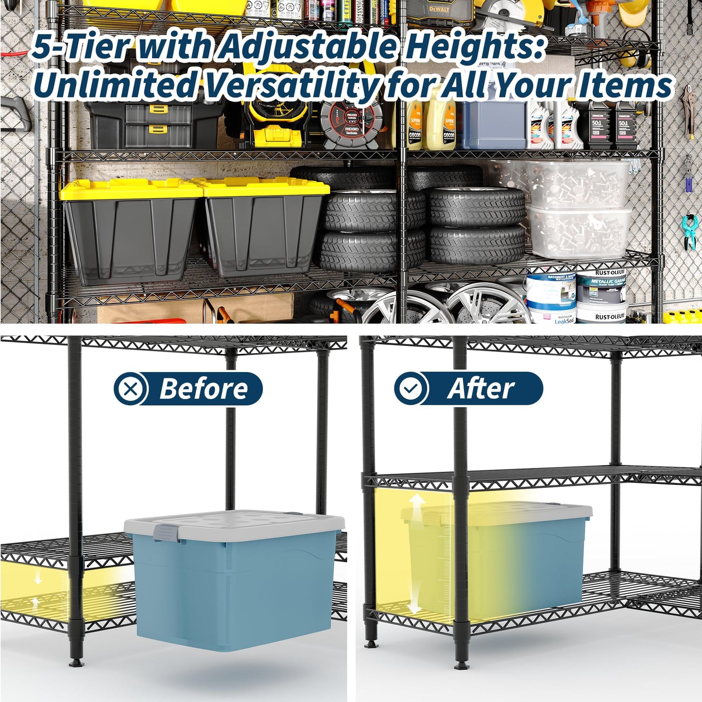5-Tier Metal Storage Shelves, Adjustable Wire Shelving Unit for Garage, Pantry, Basement & Kitchen, Heavy-Duty Shelf Organizer with Double-Row Design, 70.8" w x 15.8" d x 70.5" h, 265 Lbs Per Tier