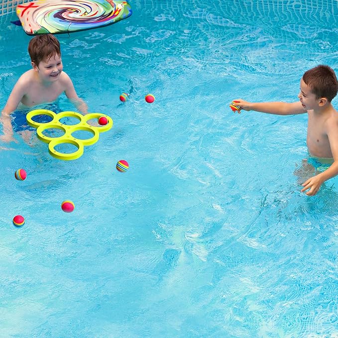 Hiboom Pool Game with Score, Combo Foam Pool Floats with 10 Colorful Tossing Balls, Toss Game Swimming Party Toys Accessories for Family Par, Dive Rings(Triangle,Yellow)