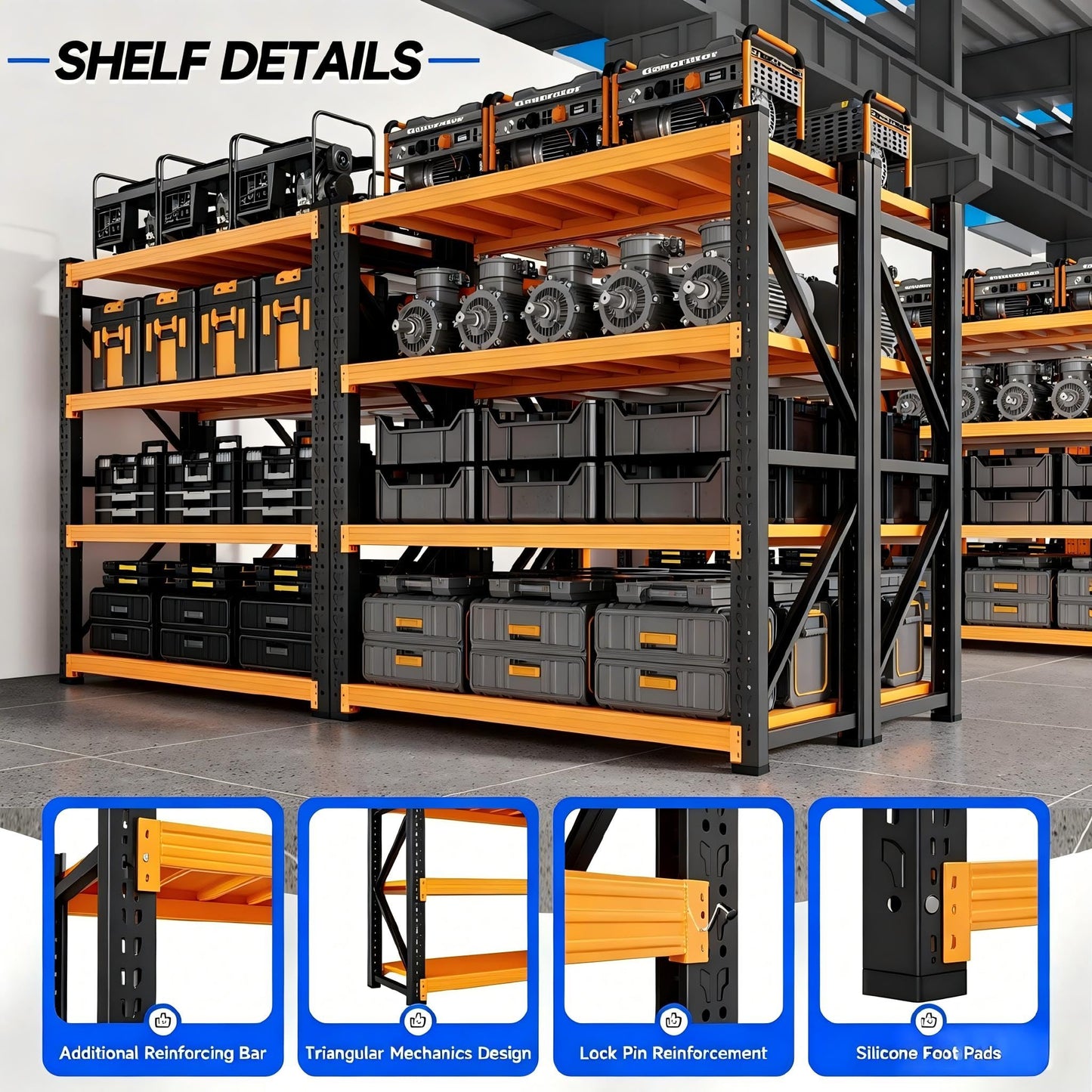 Kobito 59" W Garage Storage Shelves,3000LBS Garage Shelving Heavy Duty Adjustable Shelving Unit,4 Tier Metal Utitly Shelves Industrial Shelving for Warehouses,Basement,Black-Orange