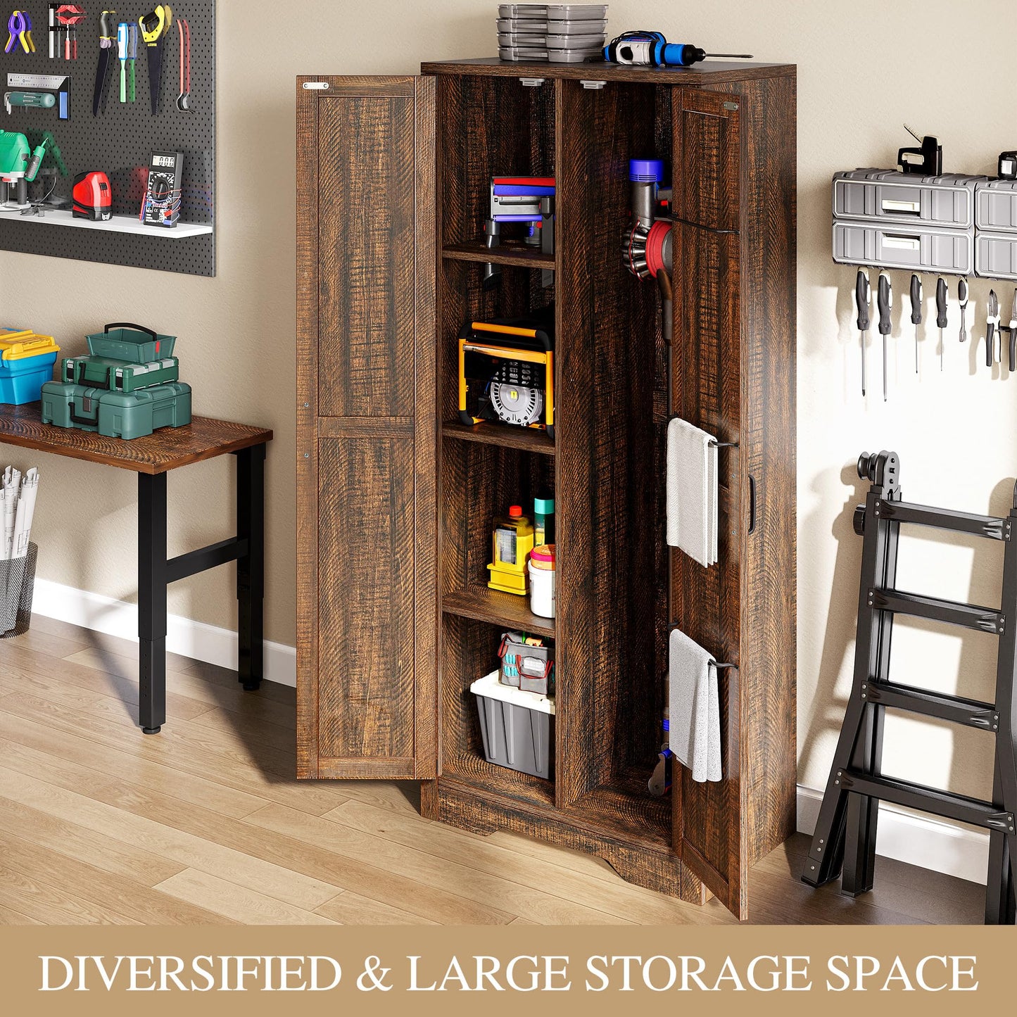 DWVO Wooden Storage Cabinet, Vacuum Cleaner Cabinet Storage Compatible with Dyson Models, Utility Cabinet Stand for Brooms and Mops, Cleaning Tool Cabinet with Doors for Garage