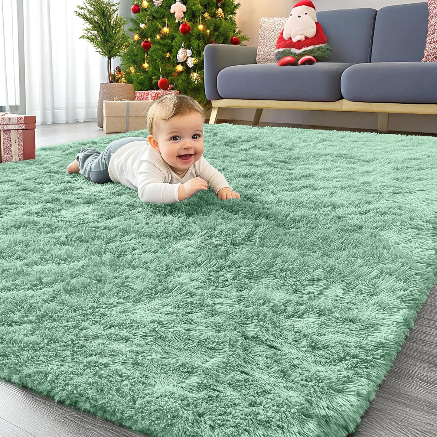 OLANLY Area Rug - Soft Fluffy Shaggy Design | Machine Washable 4x5.9 ft Mint Green for Living Room & Bedroom