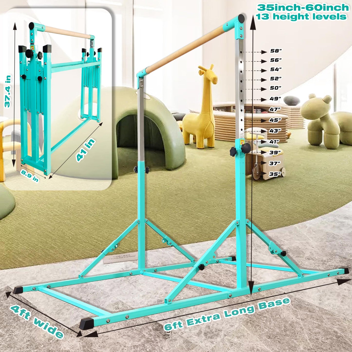 PreGymnastic Foldable Gymnastics Bar, 6FT Horizontal Bars, Folding Training Bar for Kids Ages 3-18, Weight Limit 500 LB, Adjustable kip Bar,Home Gym Equipment Indoor(Foldable Bar with Mat,Teal-Mat)