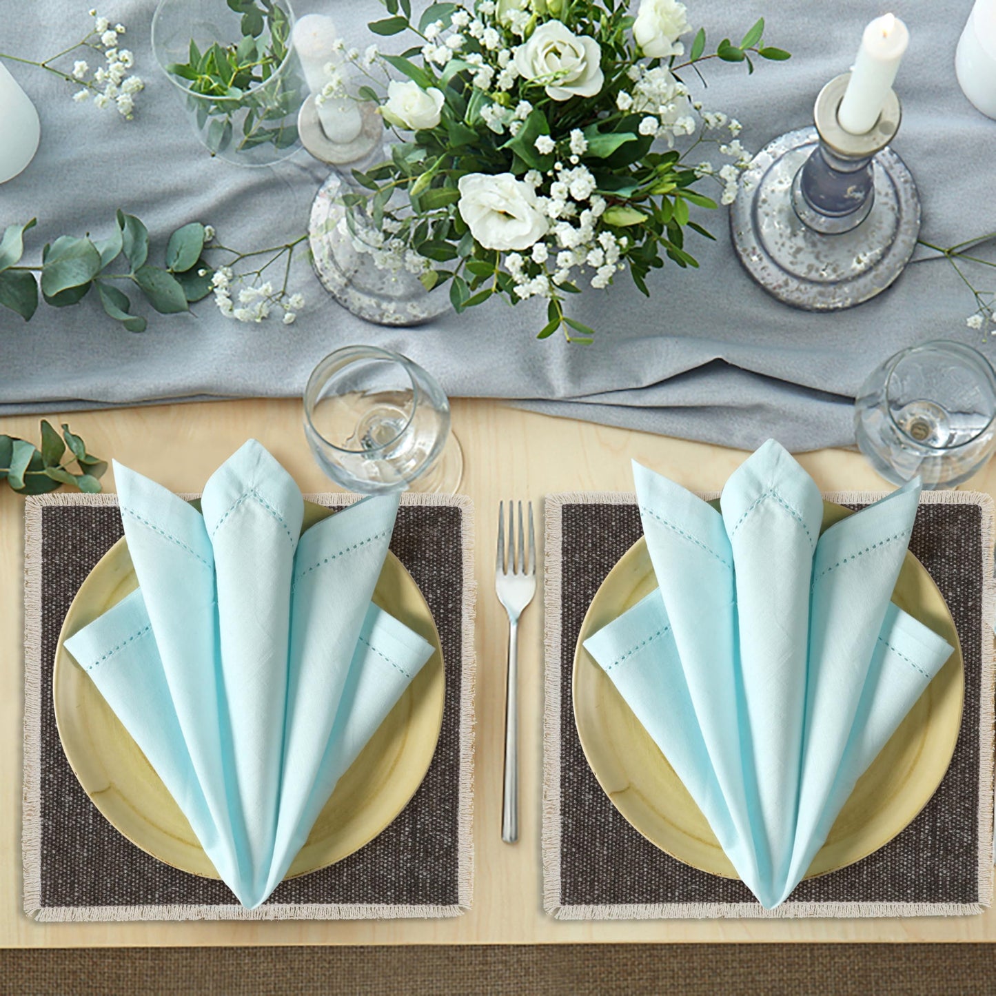 Ramanta Home Baby Blue Cloth Dinner Napkin Set of 12-18x18 Inch, Easter Premium Cotton Linen Flax Hemstitched Napkins for Spring Decor Wedding, Party, Kitchen | Soft Durable Washable for Everyday Use