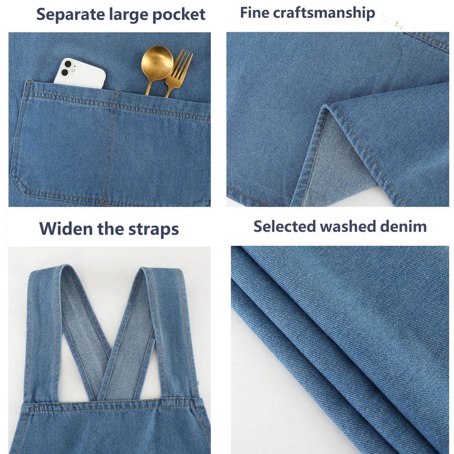CCJHLYX Adult Jour Apron, Lightweight Cotton Apron with Front Pocket, Denim Cross Back Aprons, Durable & Stain-Resistant (Light Blue)
