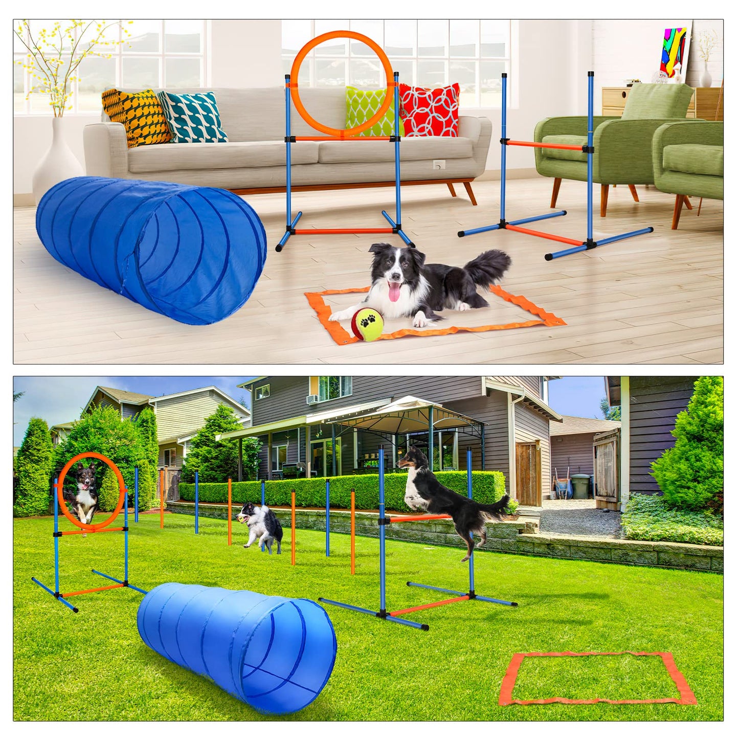JMMPOO Dog Agility Training Equipment, 60-piece Dog Obstacle Course Training Starter Kit Pet Outdoor Game with Tunnel, Agility Hurdle, Weave Poles, Jump Ring, Pause Box, Toy Balls and Storage Bag